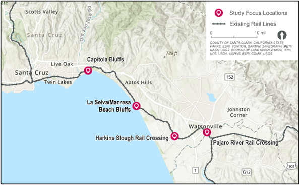 Map of ZEPRT climate resilience study focus locations: Capitola Bluffs, La Selva/Manresa Bluffs, Harkins Slough Rail Crossing and Pajaro River Rail Bridge