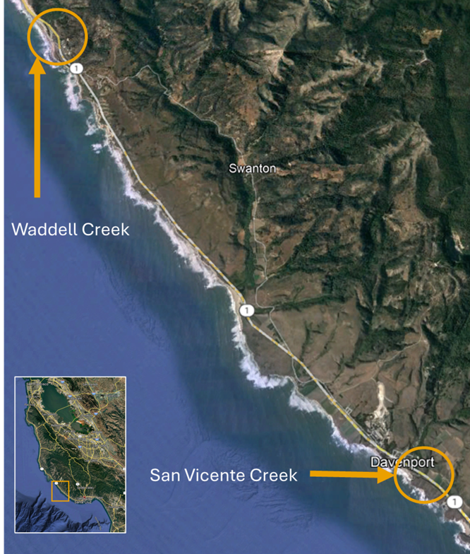 Project map highlighting the two areas of interest—Waddell Creek along Highway 1 north of Swanton, and San Vicente Creek to the South, near Davenport