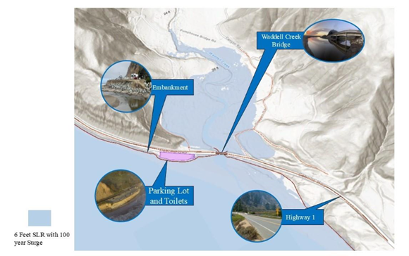 Infrastructure around Waddell Creek under 6 feet SLR Scenario, and a 100 year storm surge.