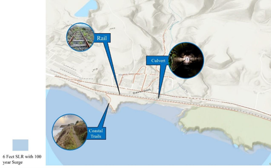 Infrastructure around San Vicente Creek under 6 feet of Sea Level Rise Conditions, and a 100 year storm surge.