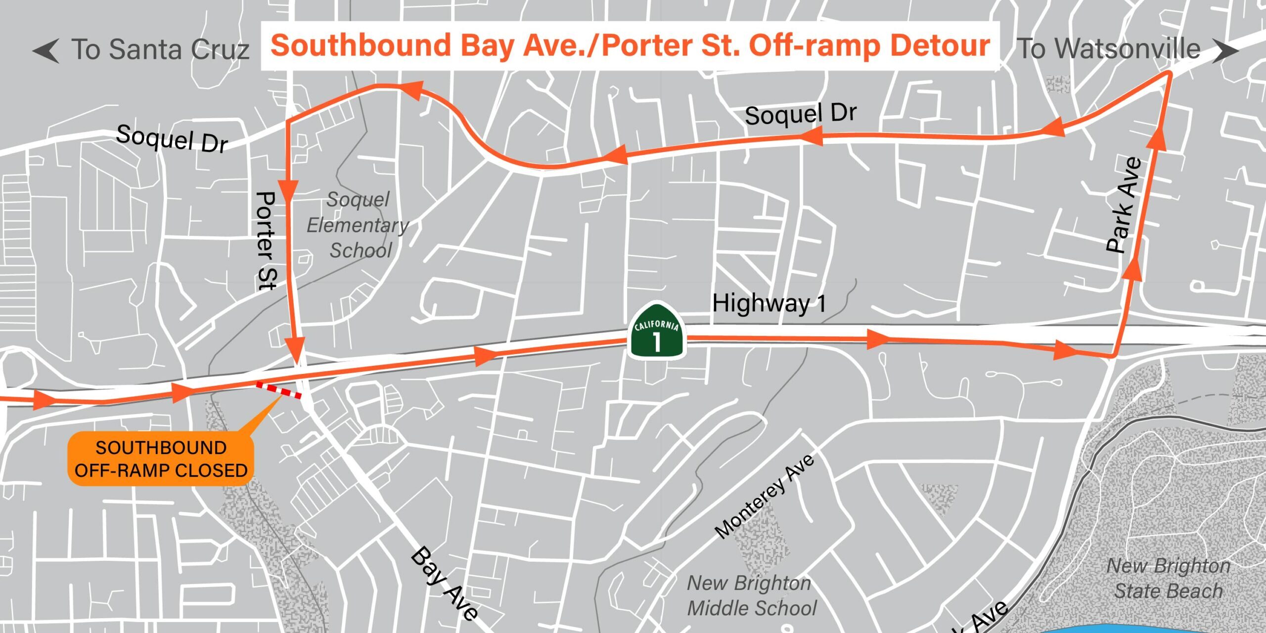 SB Bay-Porter Offramp Detour Map via Soquel